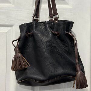 Cole Haan Black Brown Pebbled Leather Tassel Drawstring Bucket Bag Purse